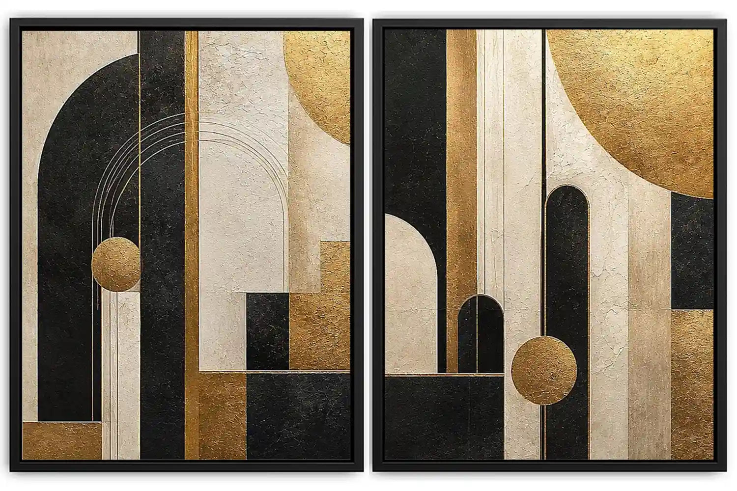 Abstract geometric diptych canvas art with black, cream and gold arches for luxury living room decor.
