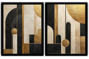 Abstract geometric diptych canvas art with black, cream and gold arches for luxury living room decor.