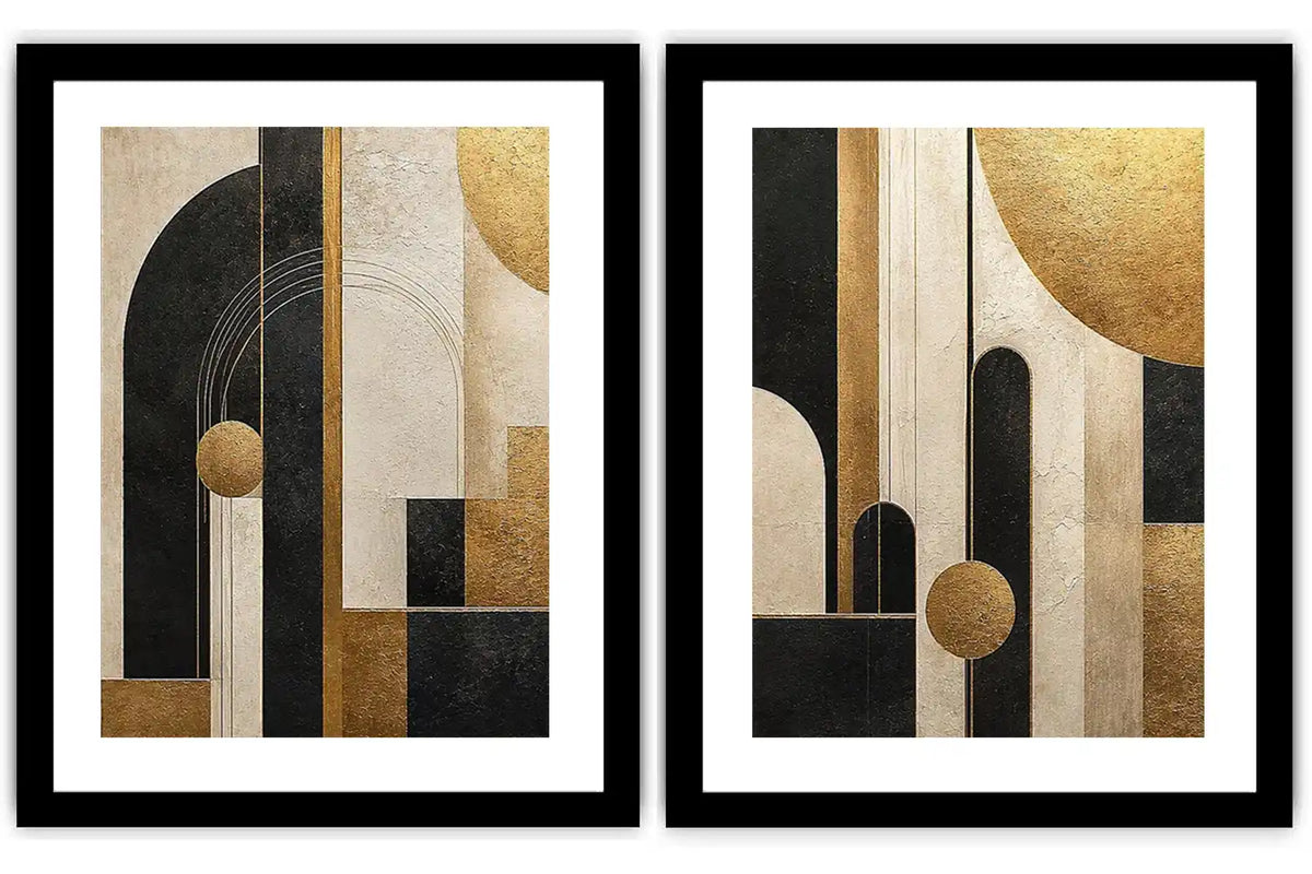 Abstract geometric diptych canvas art with black, cream and gold arches for luxury living room decor.