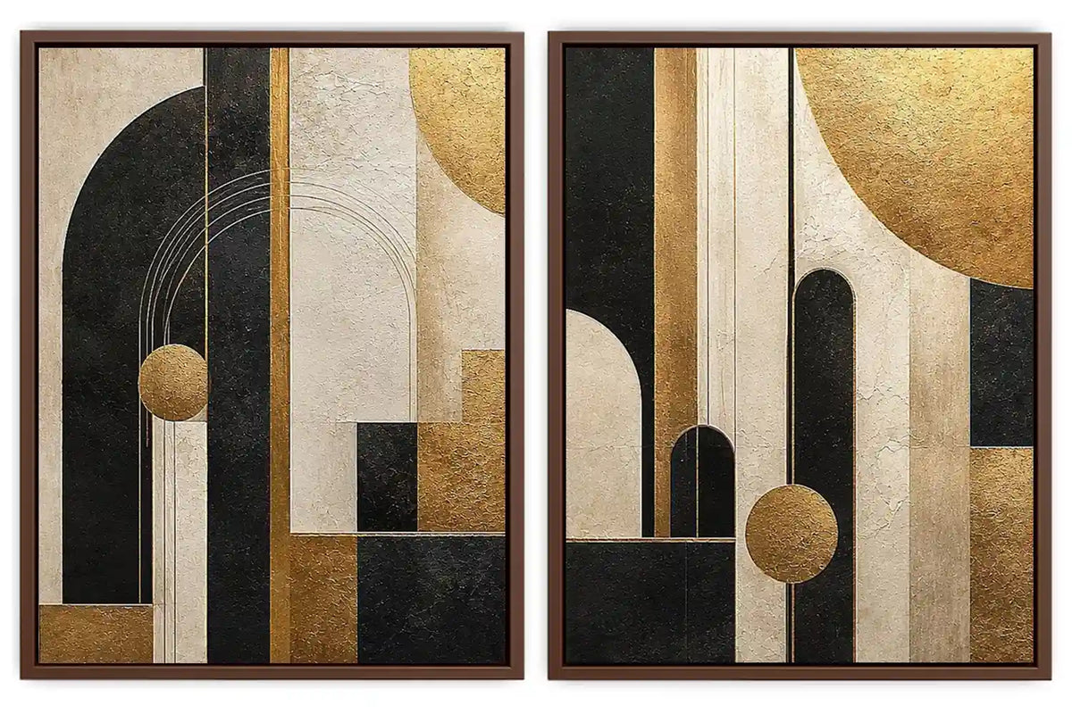 Abstract geometric diptych canvas art with black, cream and gold arches for luxury living room decor.