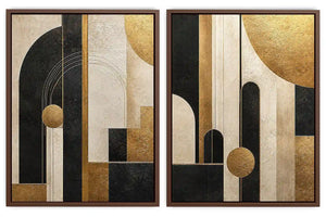 Abstract geometric diptych canvas art with black, cream and gold arches for luxury living room decor.