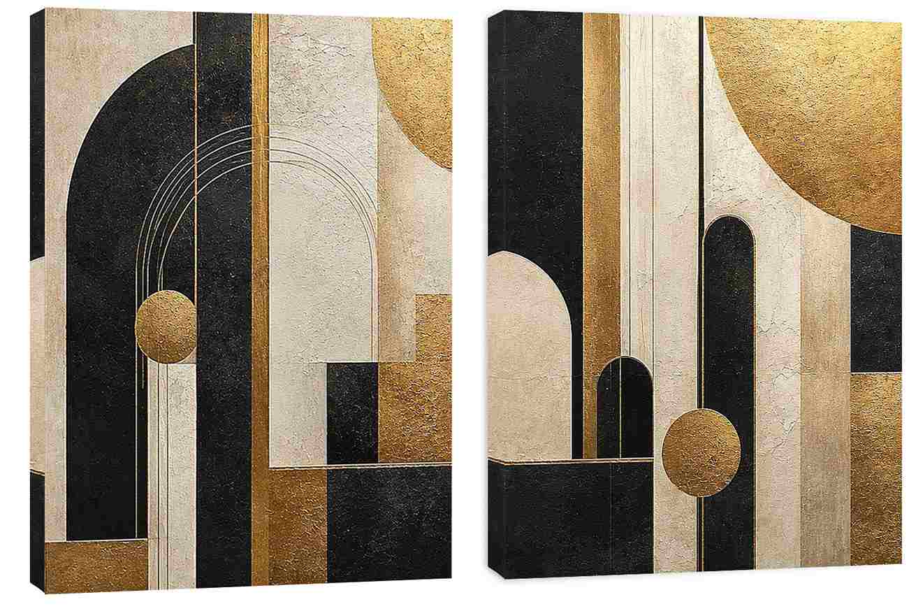 Abstract geometric diptych canvas art with black, cream and gold arches for luxury living room decor.