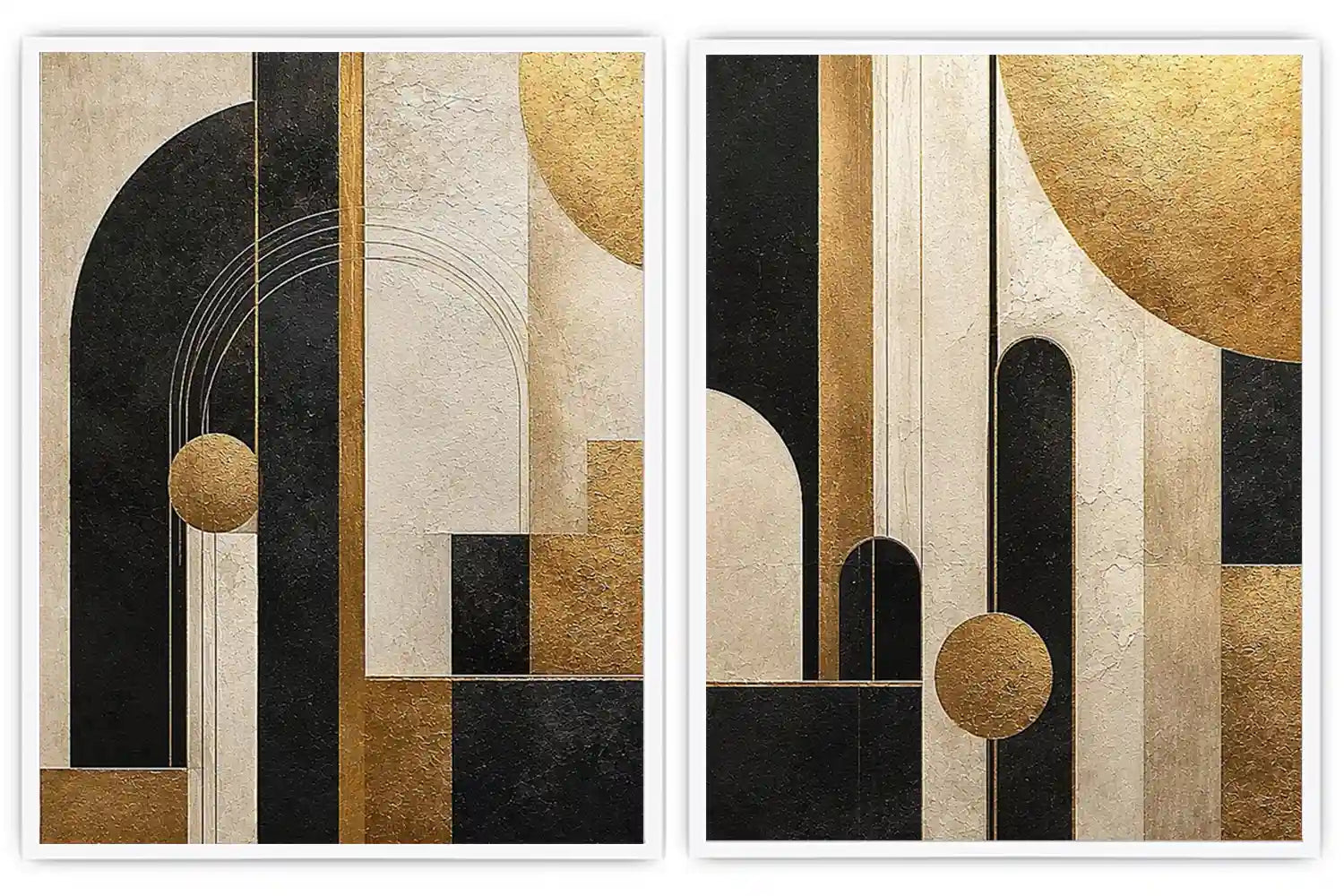 Abstract geometric diptych canvas art with black, cream and gold arches for luxury living room decor.