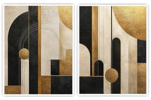 Abstract geometric diptych canvas art with black, cream and gold arches for luxury living room decor.