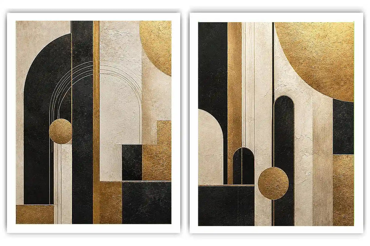 Abstract geometric diptych canvas art with black, cream and gold arches for luxury living room decor.