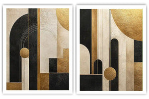 Abstract geometric diptych canvas art with black, cream and gold arches for luxury living room decor.