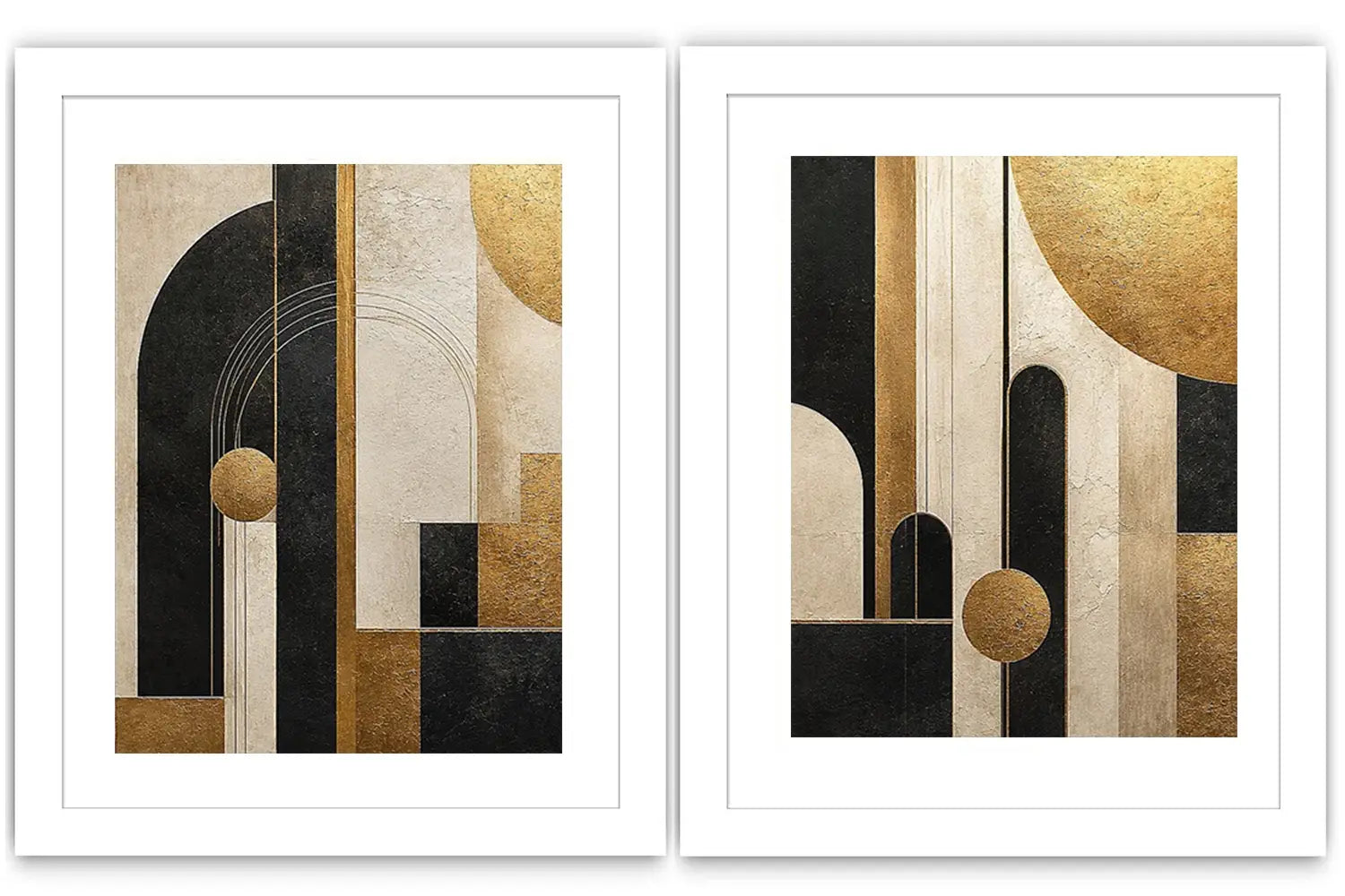 Abstract geometric diptych canvas art with black, cream and gold arches for luxury living room decor.