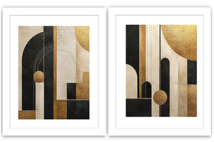 Abstract geometric diptych canvas art with black, cream and gold arches for luxury living room decor.