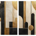 Abstract geometric diptych canvas art with black, cream and gold arches for luxury living room decor.