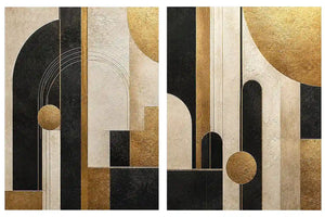 Abstract geometric diptych canvas art with black, cream and gold arches for luxury living room decor.