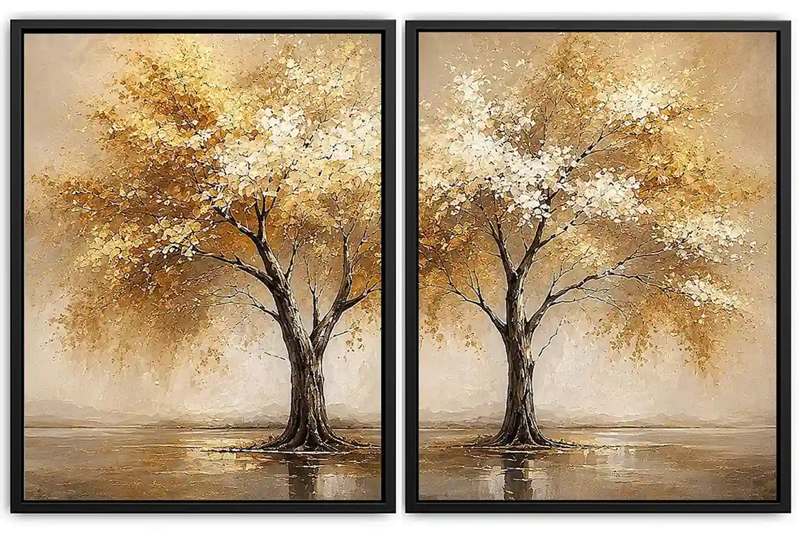 Golden autumn tree diptych canvas art for modern living room and office decor