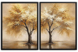 Golden autumn tree diptych canvas art for modern living room and office decor