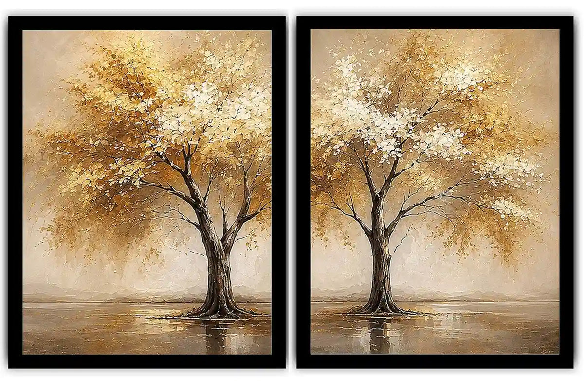 Golden autumn tree diptych canvas art for modern living room and office decor