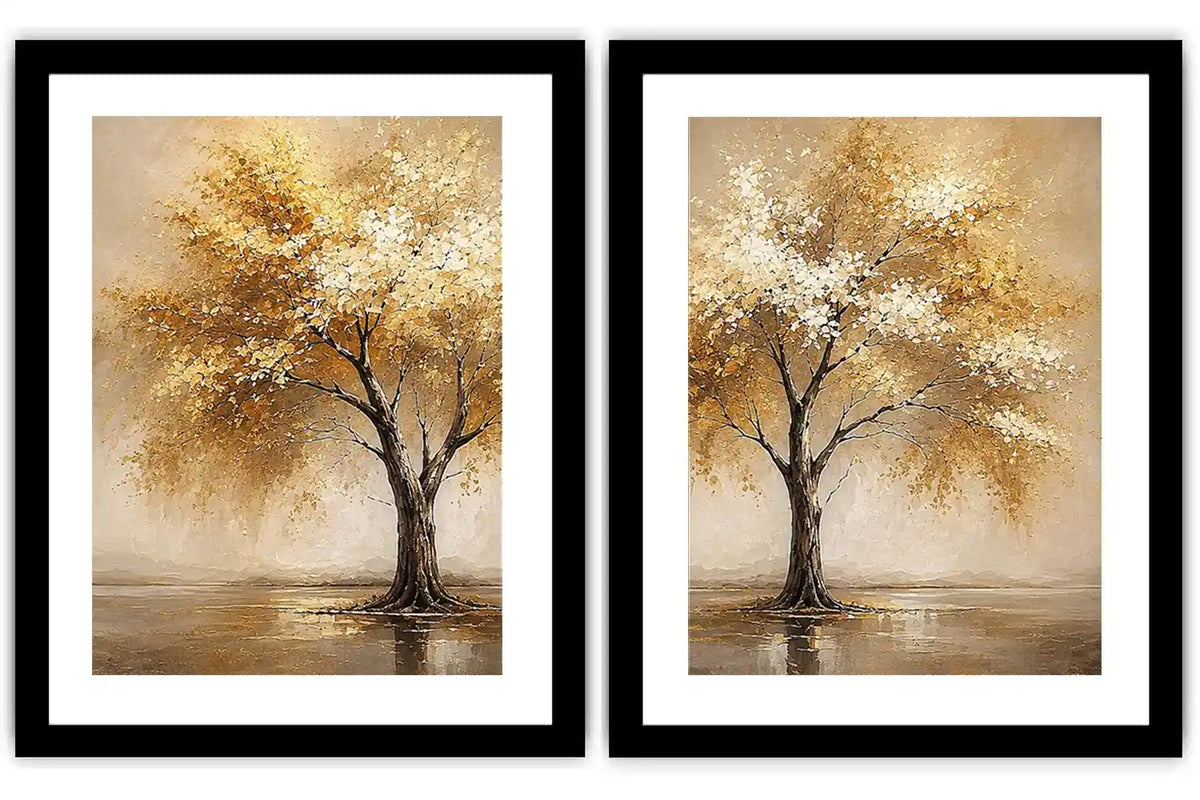 Golden autumn tree diptych canvas art for modern living room and office decor