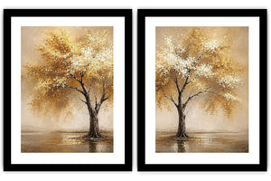 Golden autumn tree diptych canvas art for modern living room and office decor