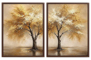 Golden autumn tree diptych canvas art for modern living room and office decor