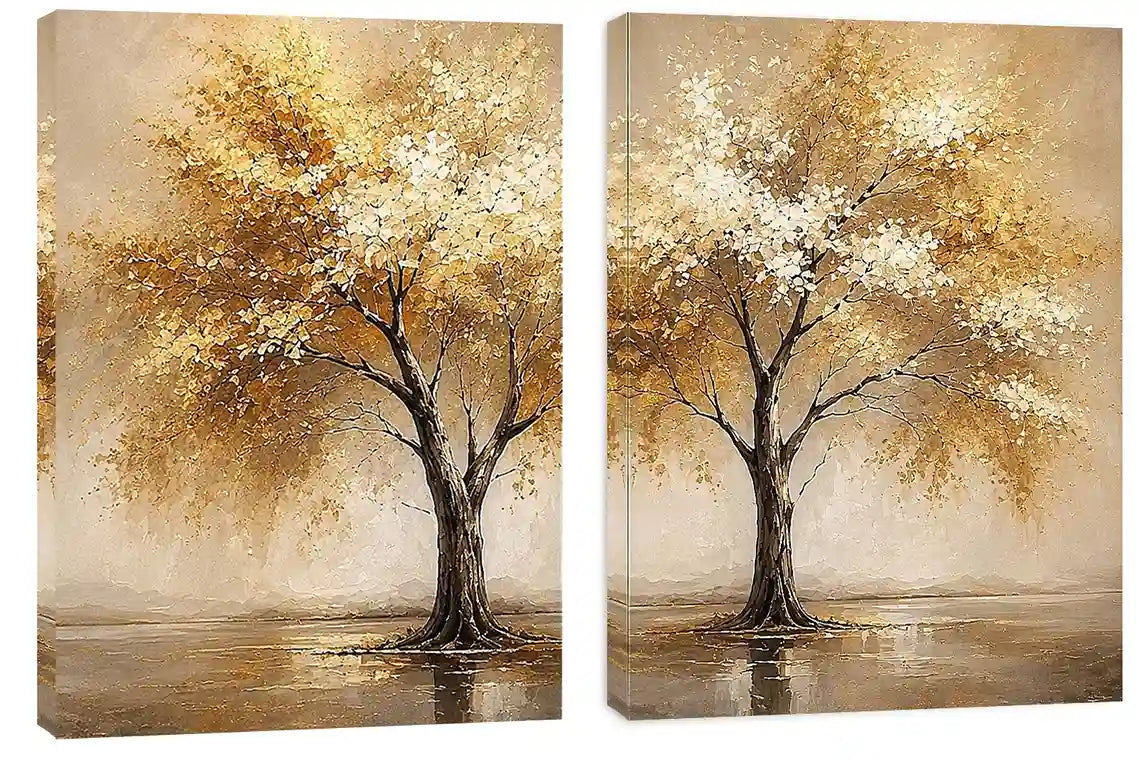 Golden autumn tree diptych canvas art for modern living room and office decor