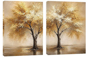 Golden autumn tree diptych canvas art for modern living room and office decor