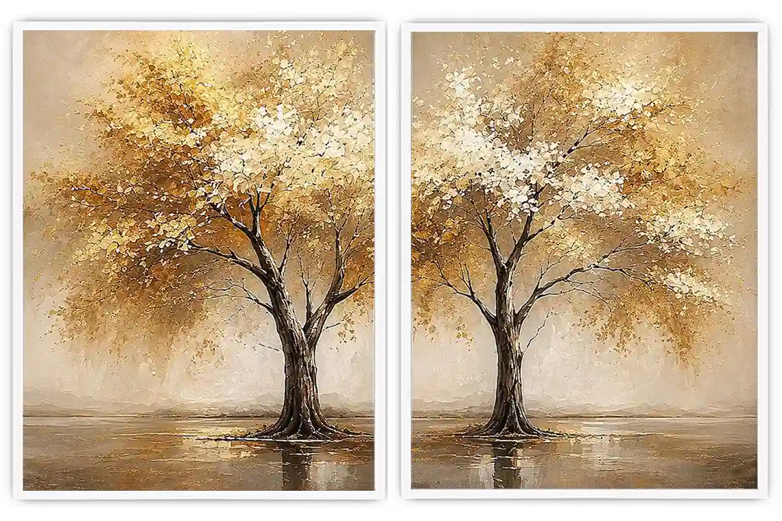 Golden autumn tree diptych canvas art for modern living room and office decor