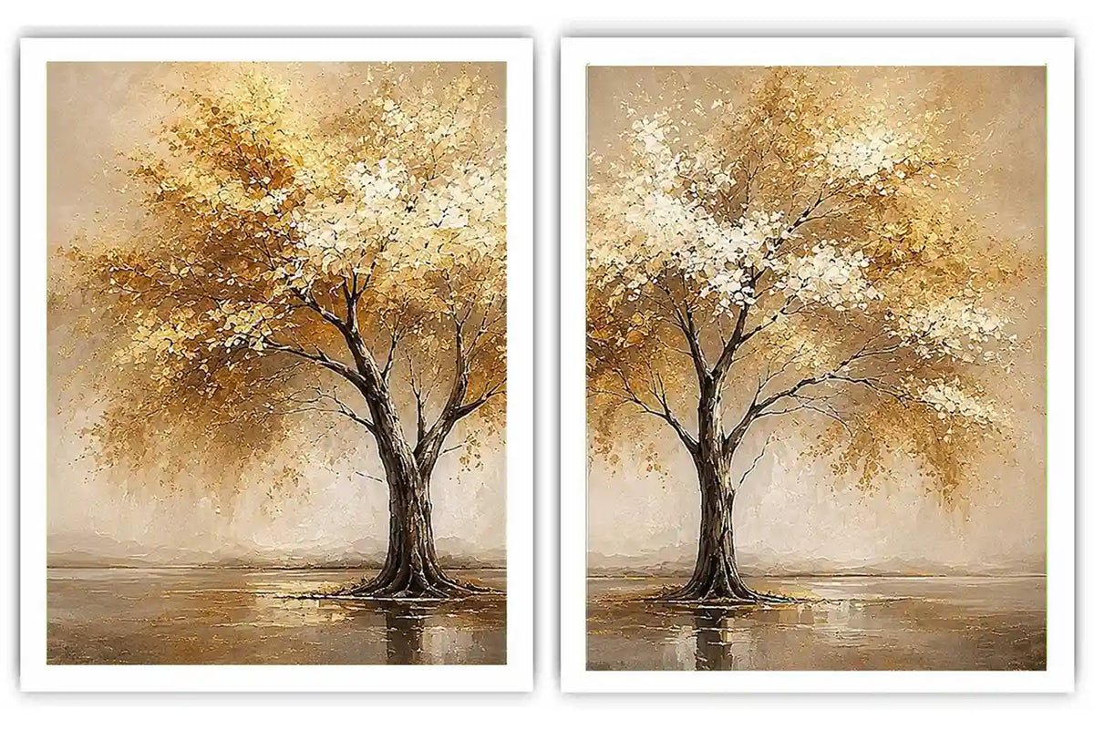 Golden autumn tree diptych canvas art for modern living room and office decor