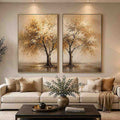 Golden autumn tree diptych canvas art for modern living room and office decor