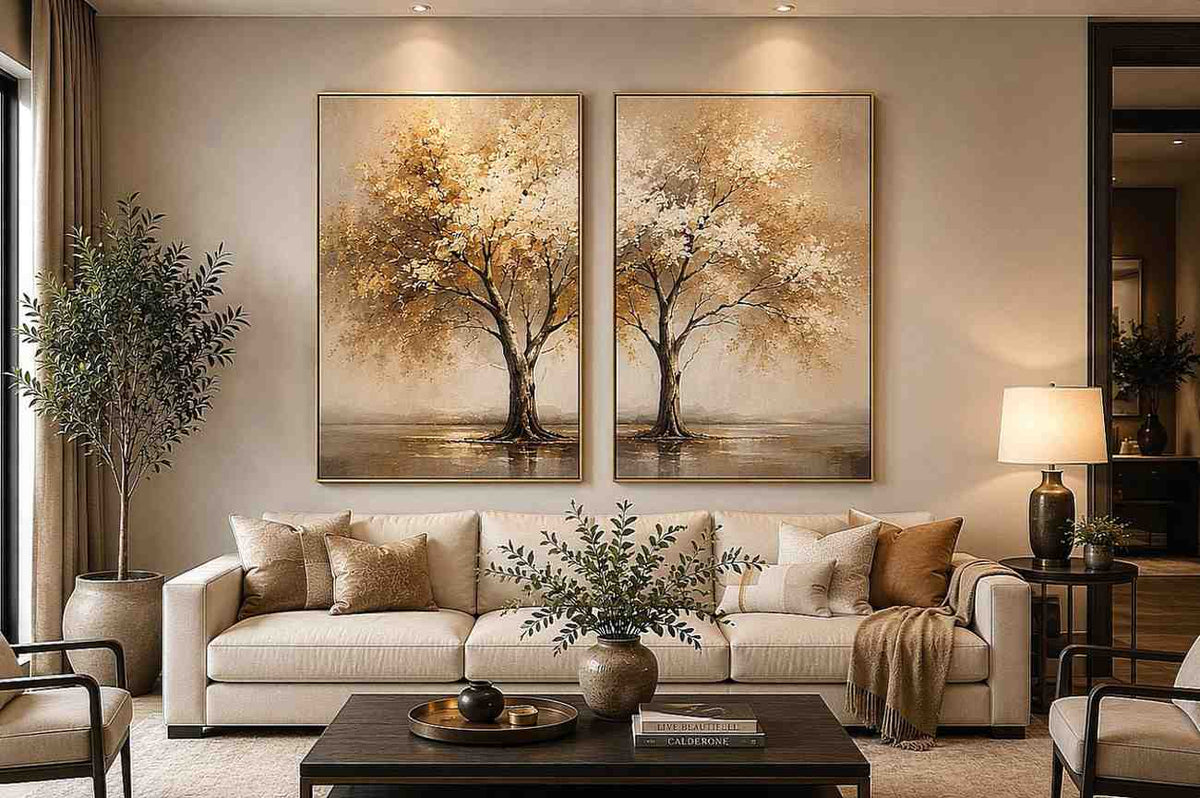 Golden autumn tree diptych canvas art for modern living room and office decor