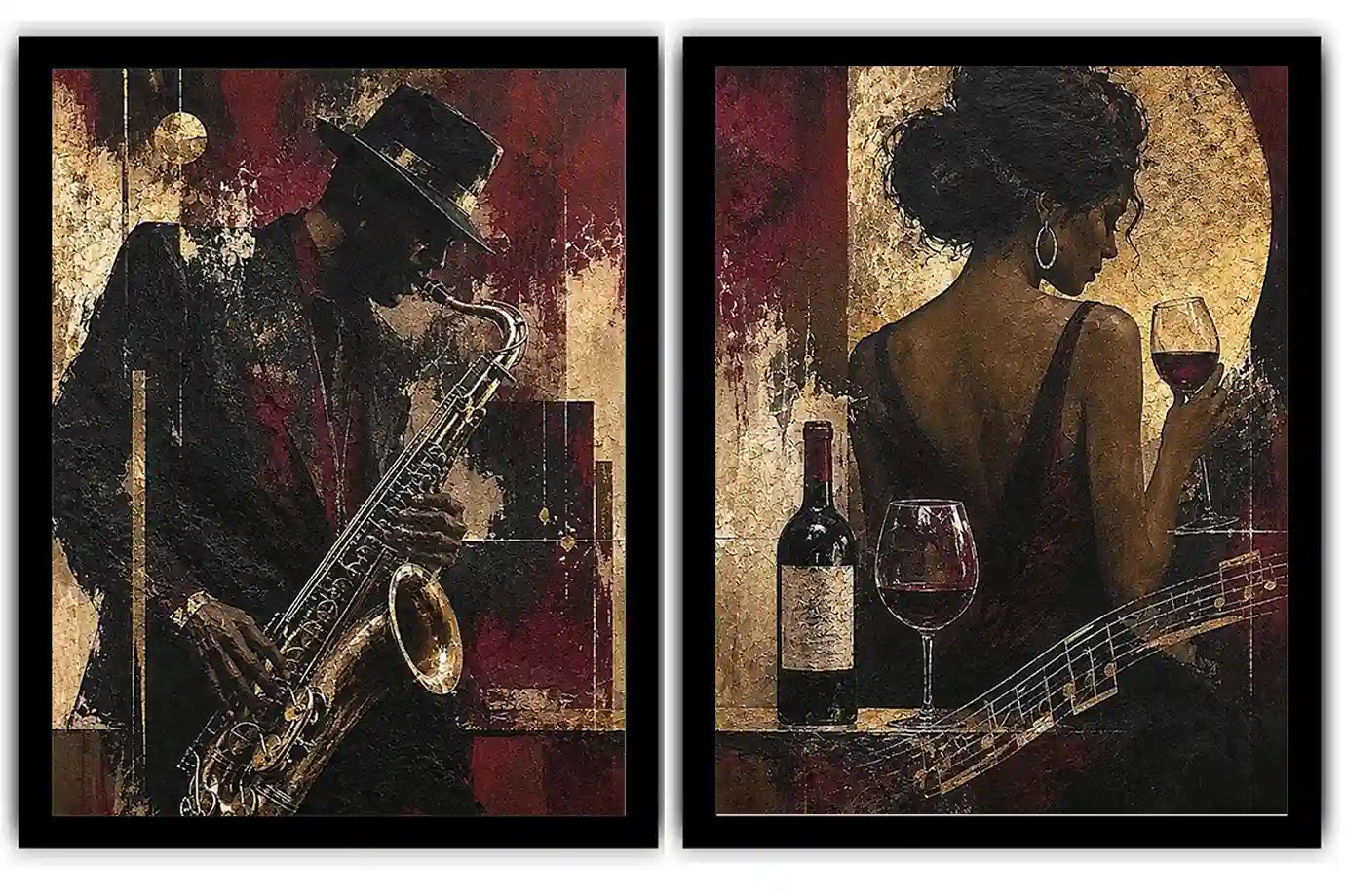 Moody jazz musician diptych canvas art with woman, wine and guitar for luxury home bar decor.