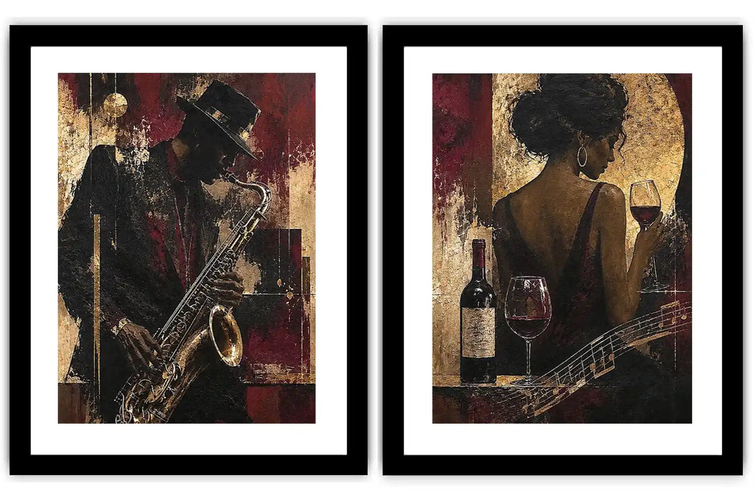 Moody jazz musician diptych canvas art with woman, wine and guitar for luxury home bar decor.