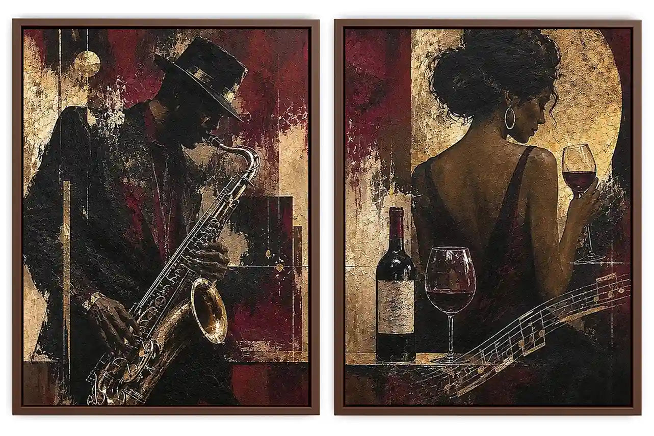 Moody jazz musician diptych canvas art with woman, wine and guitar for luxury home bar decor.