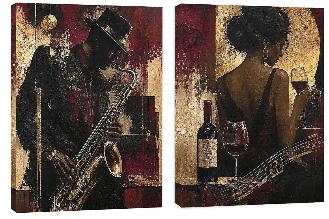 Moody jazz musician diptych canvas art with woman, wine and guitar for luxury home bar decor.