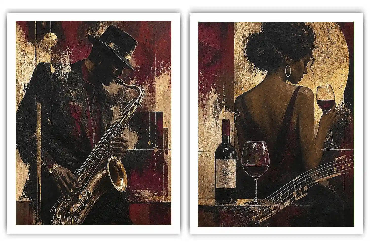 Moody jazz musician diptych canvas art with woman, wine and guitar for luxury home bar decor.