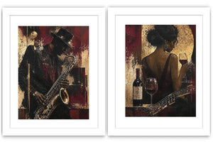 Moody jazz musician diptych canvas art with woman, wine and guitar for luxury home bar decor.
