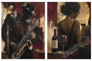 Moody jazz musician diptych canvas art with woman, wine and guitar for luxury home bar decor.