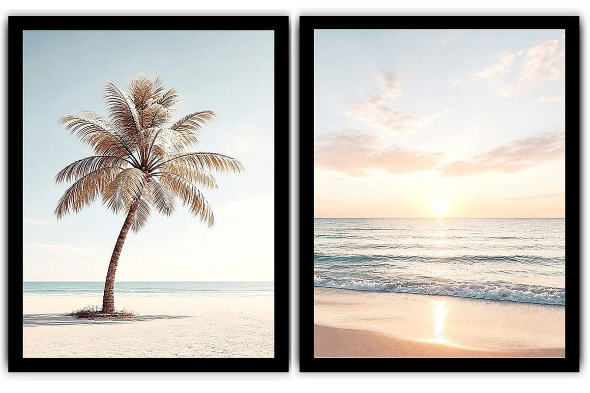 Coastal palm tree and ocean sunrise diptych canvas art for relaxed living room decor.