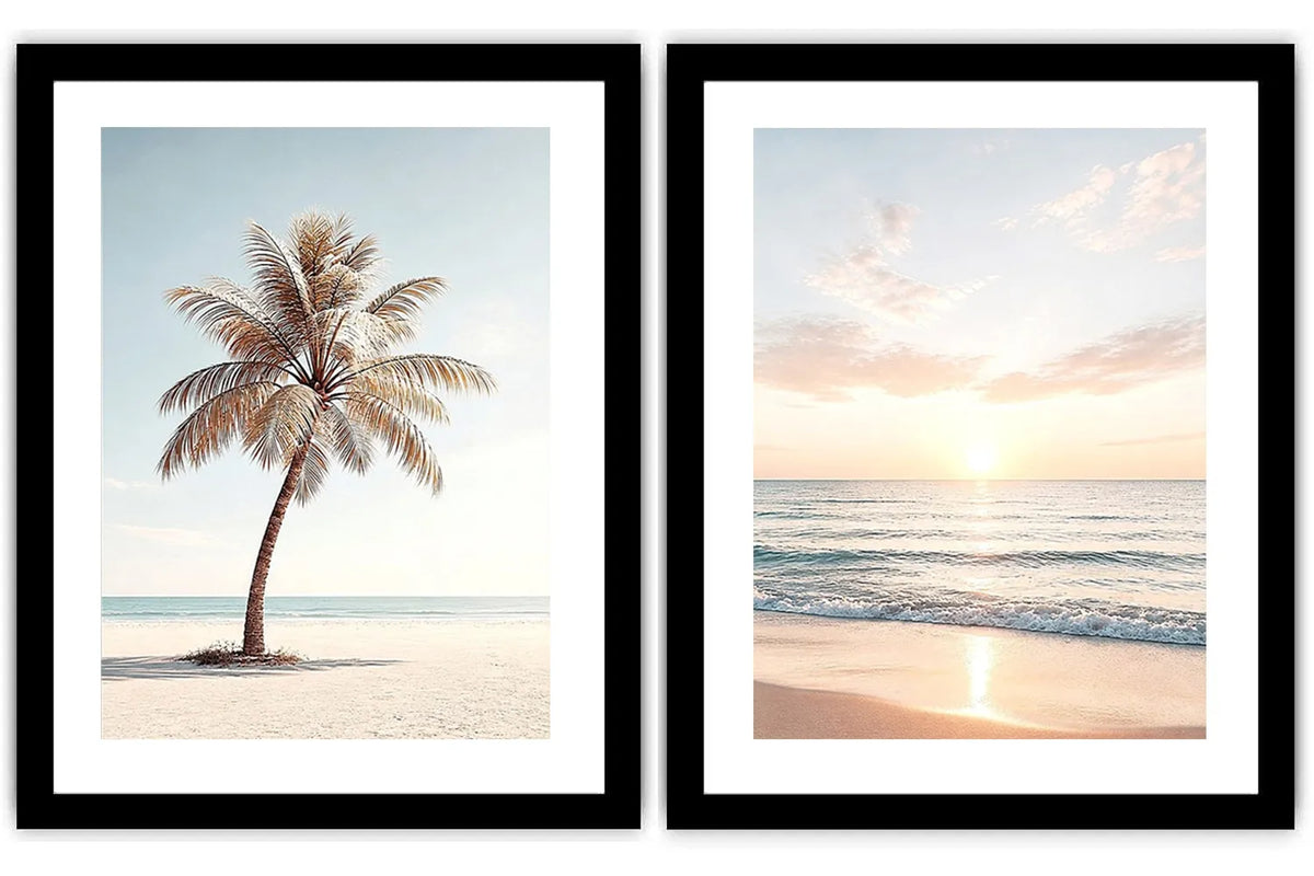 Coastal palm tree and ocean sunrise diptych canvas art for relaxed living room decor.