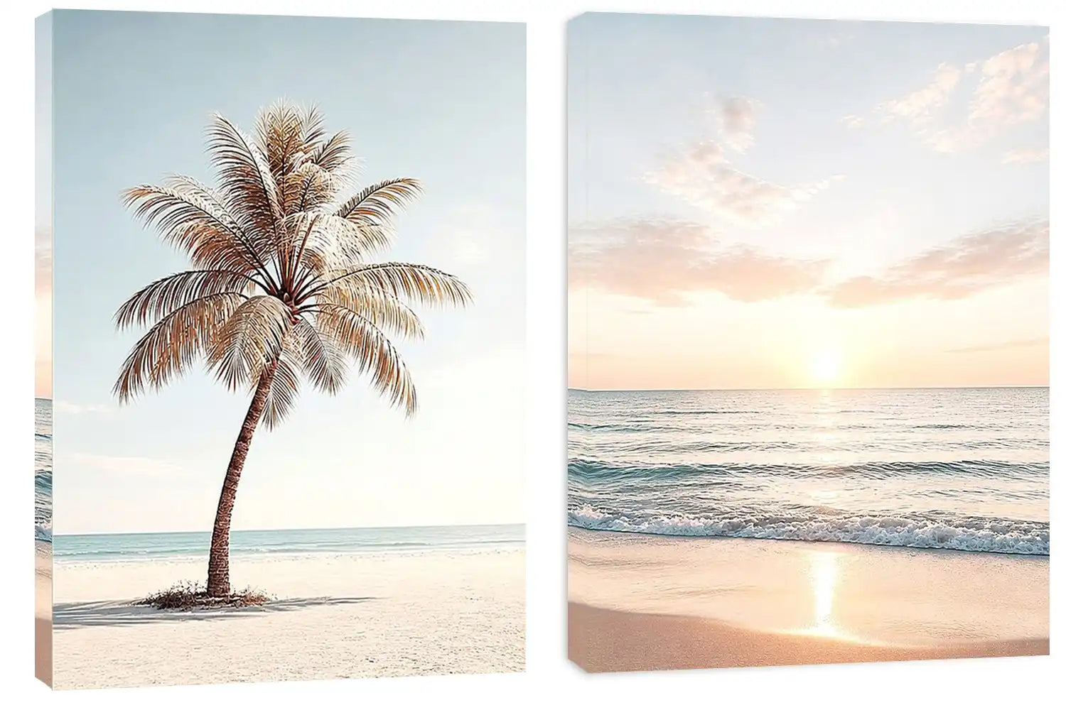 Coastal palm tree and ocean sunrise diptych canvas art for relaxed living room decor.