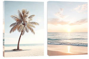 Coastal palm tree and ocean sunrise diptych canvas art for relaxed living room decor.