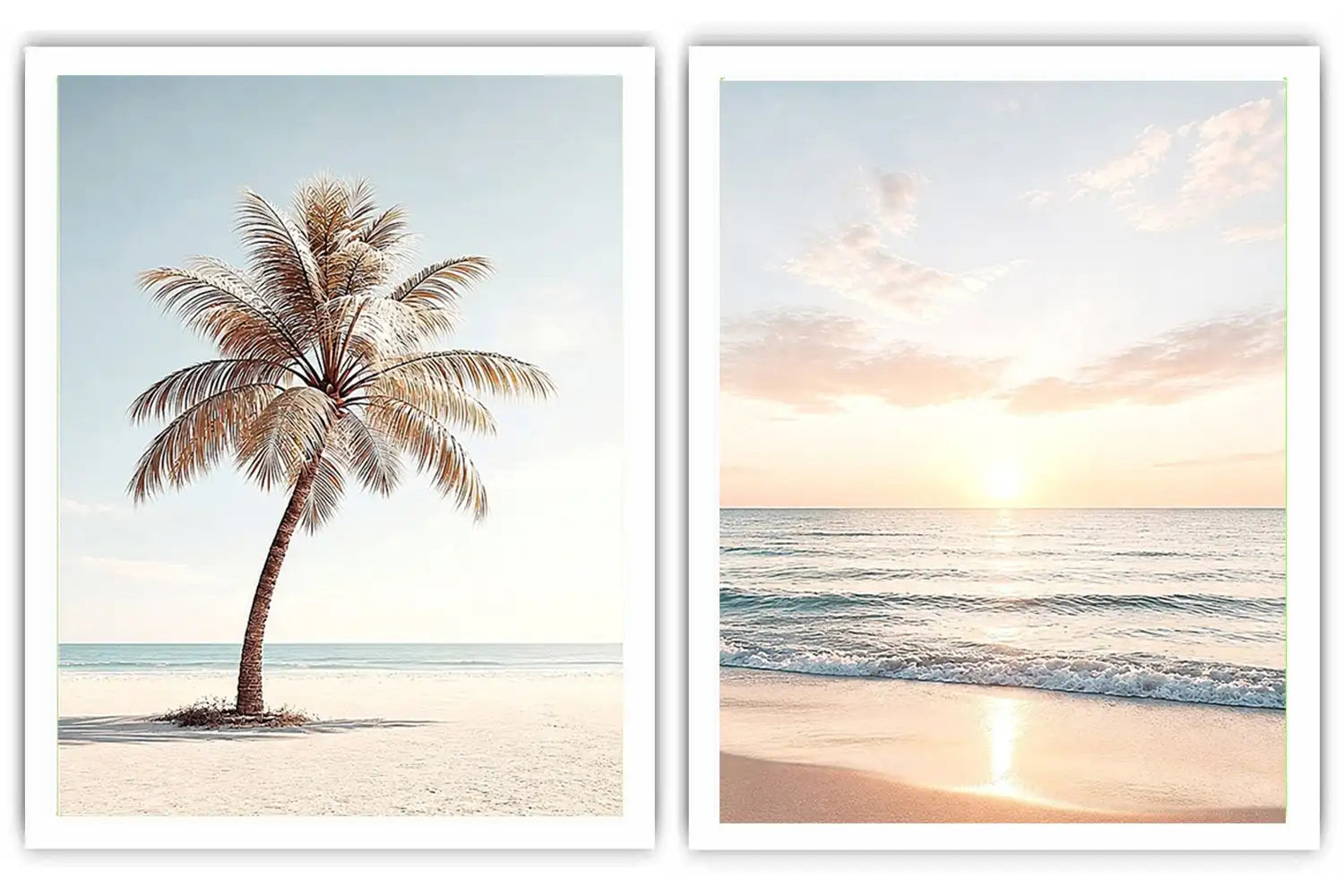 Coastal palm tree and ocean sunrise diptych canvas art for relaxed living room decor.