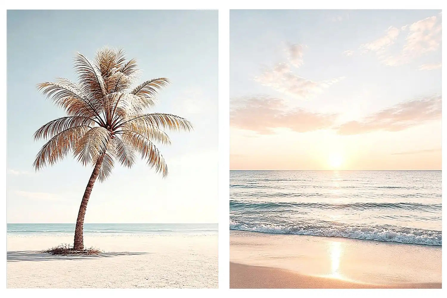 Coastal palm tree and ocean sunrise diptych canvas art for relaxed living room decor.