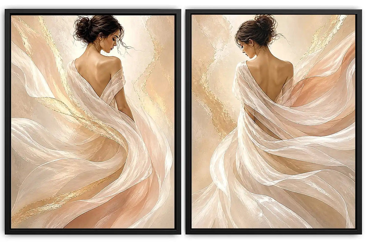 Elegant female figure diptych canvas art with flowing fabric for soft luxury bedroom decor.