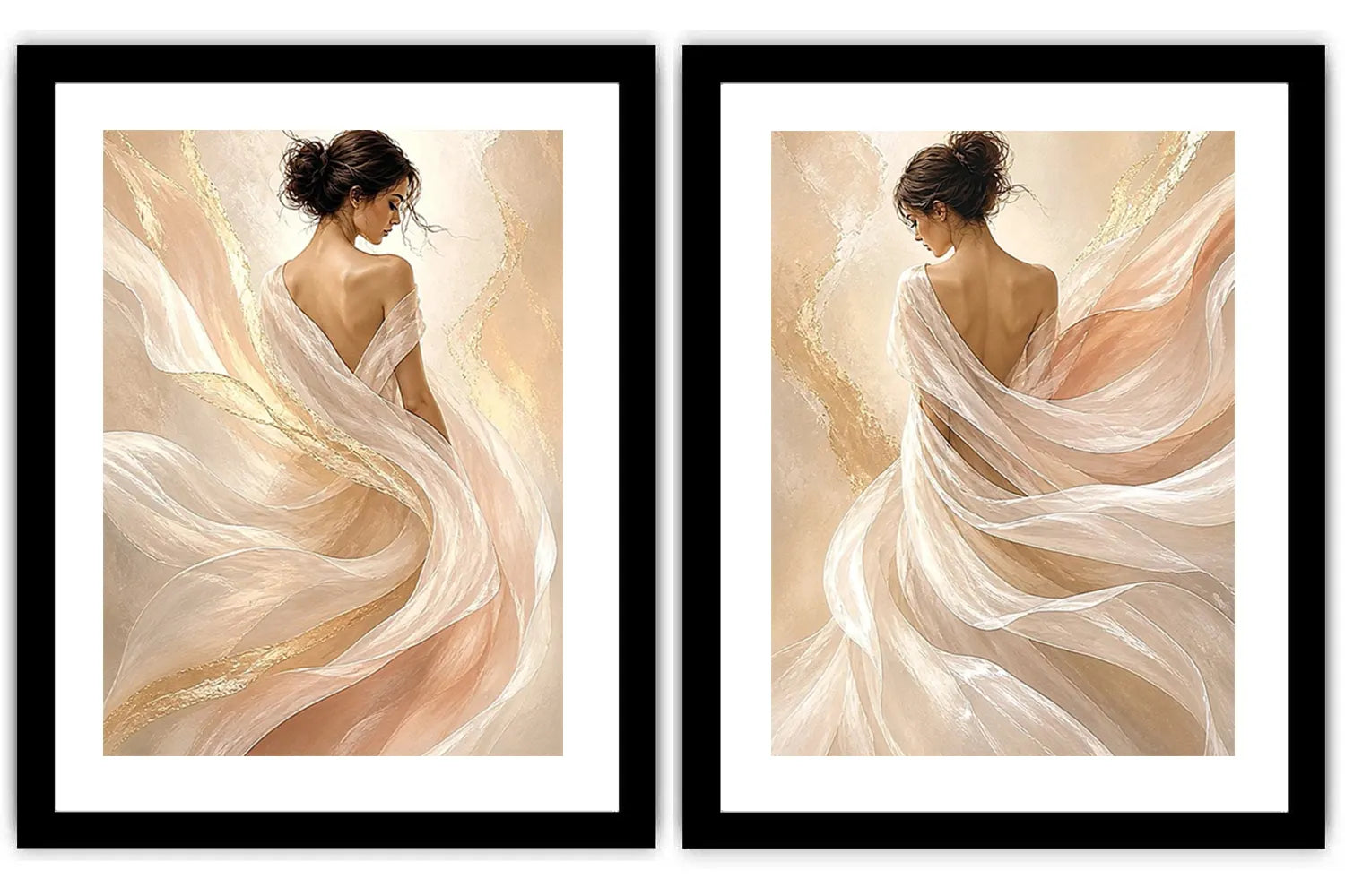 Elegant female figure diptych canvas art with flowing fabric for soft luxury bedroom decor.
