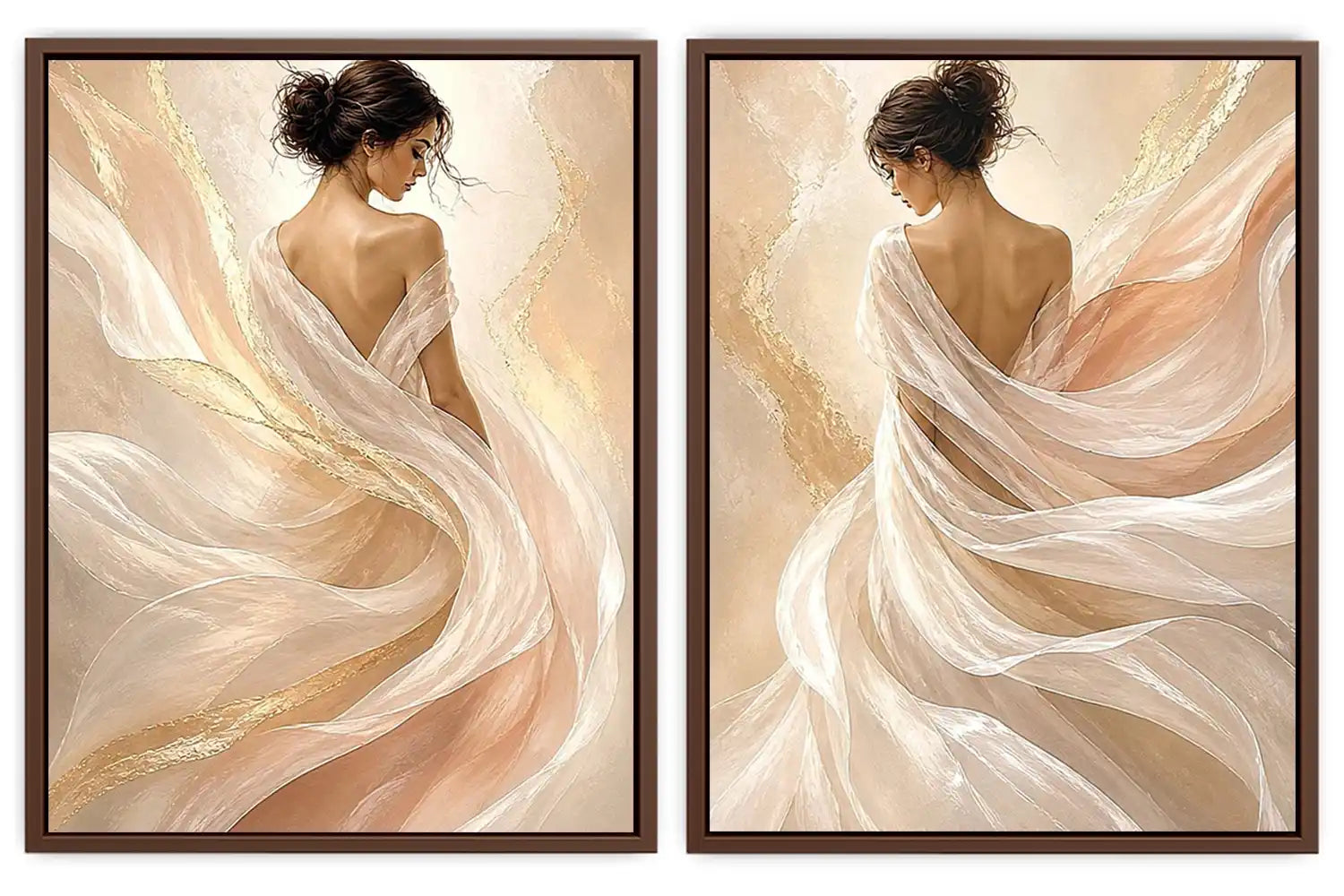 Elegant female figure diptych canvas art with flowing fabric for soft luxury bedroom decor.
