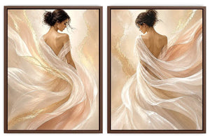 Elegant female figure diptych canvas art with flowing fabric for soft luxury bedroom decor.