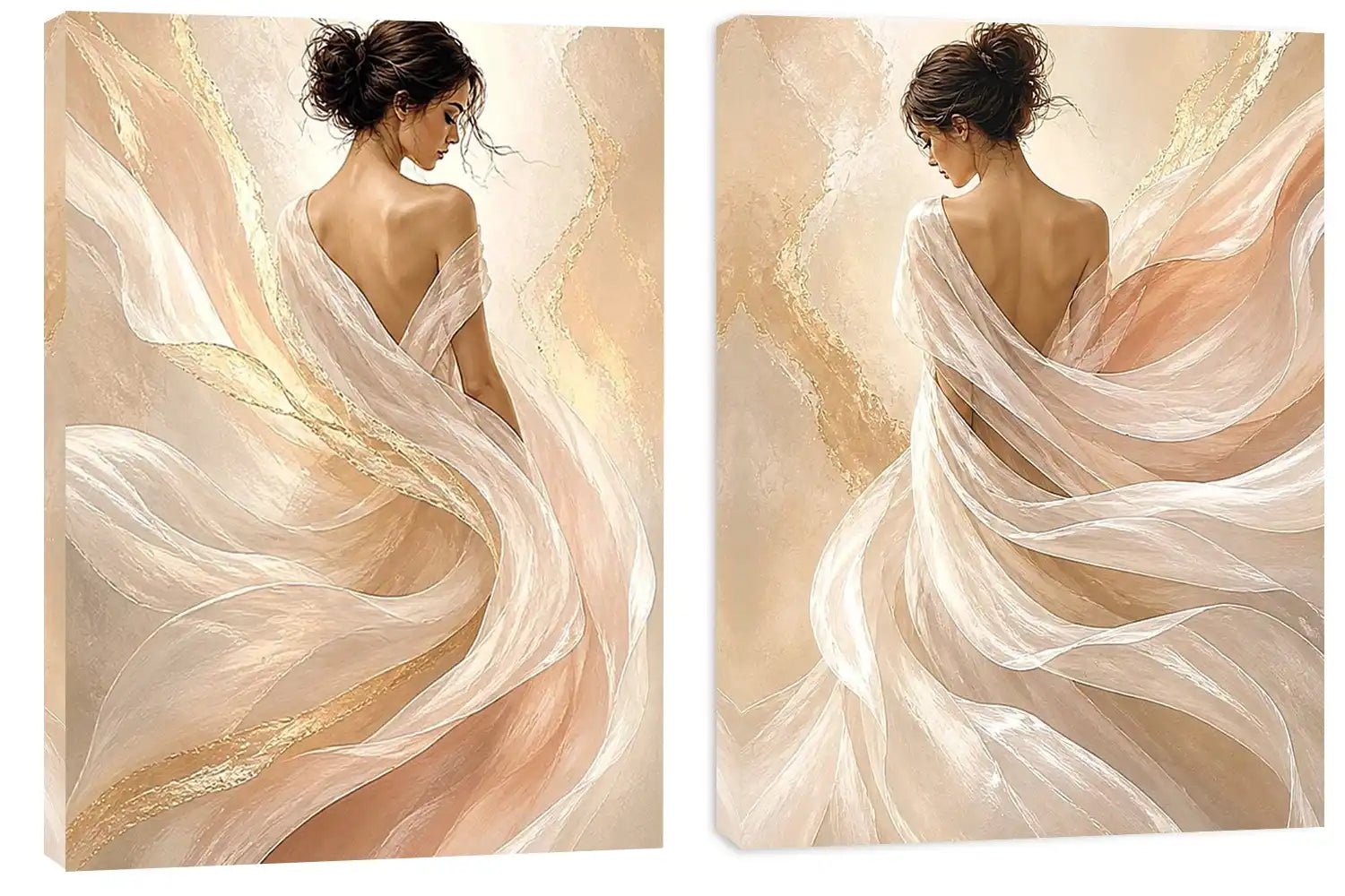 Elegant female figure diptych canvas art with flowing fabric for soft luxury bedroom decor.