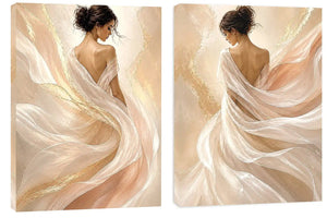 Elegant female figure diptych canvas art with flowing fabric for soft luxury bedroom decor.