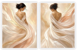 Elegant female figure diptych canvas art with flowing fabric for soft luxury bedroom decor.