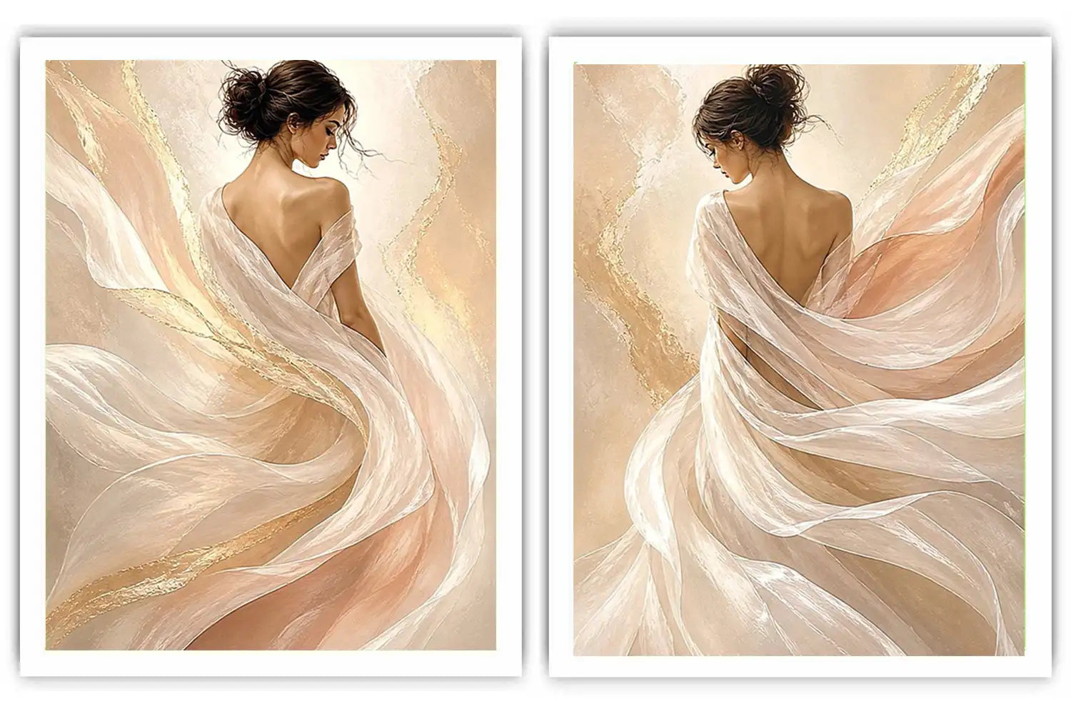 Elegant female figure diptych canvas art with flowing fabric for soft luxury bedroom decor.