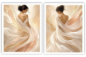 Elegant female figure diptych canvas art with flowing fabric for soft luxury bedroom decor.