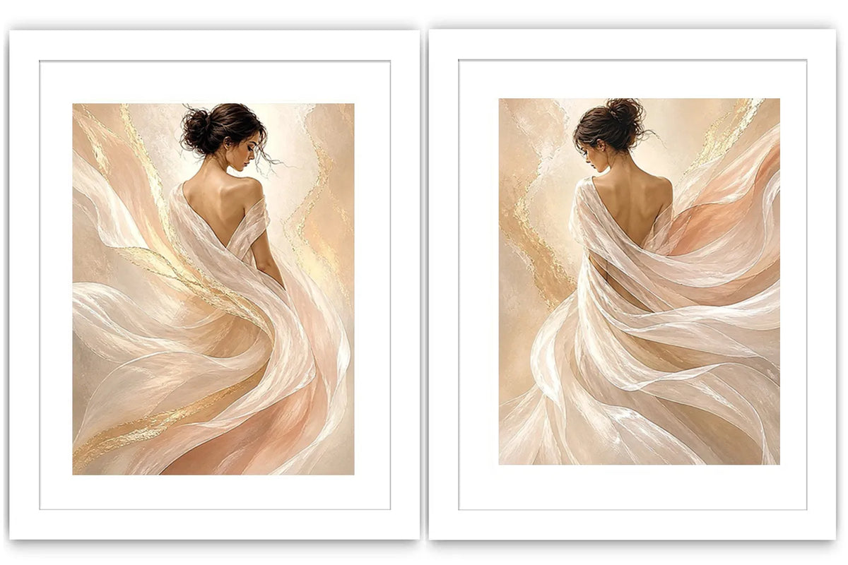 Elegant female figure diptych canvas art with flowing fabric for soft luxury bedroom decor.