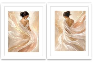 Elegant female figure diptych canvas art with flowing fabric for soft luxury bedroom decor.